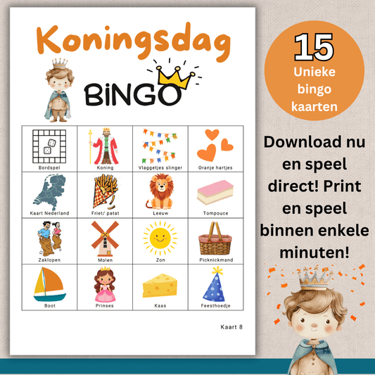 Koningsdag bingo voor kinderen, print en speel direct thuis of bij opa en oma, 15 kaarten.
