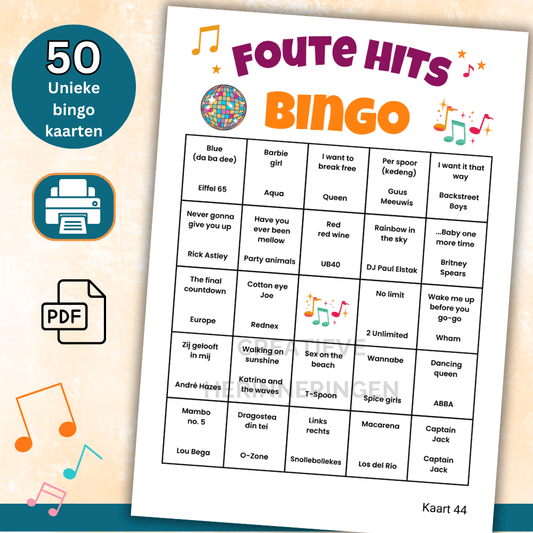 Foute bingo met 50 muziek bingo kaarten voor grote groepen of teams