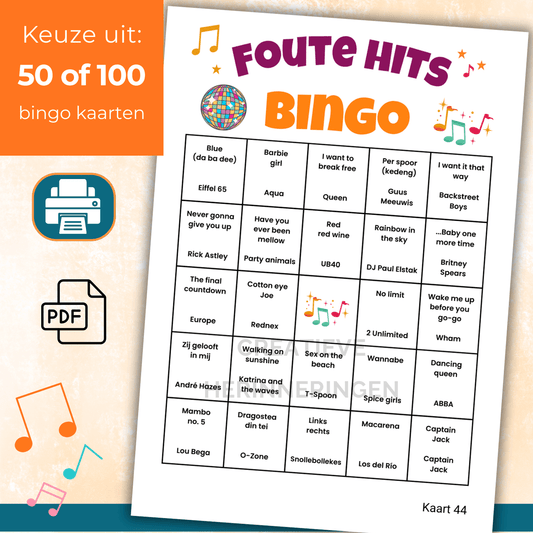 Foute bingo met 50 of 100 muziek bingo kaarten voor grote groepen of teams