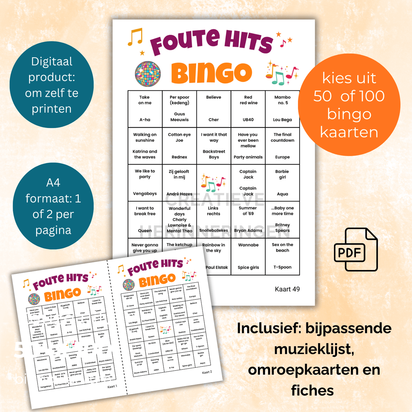 Interactief muziekspel met foute muziek bingo kaarten, fiches en muzieklijst (50 of 100 kaarten)