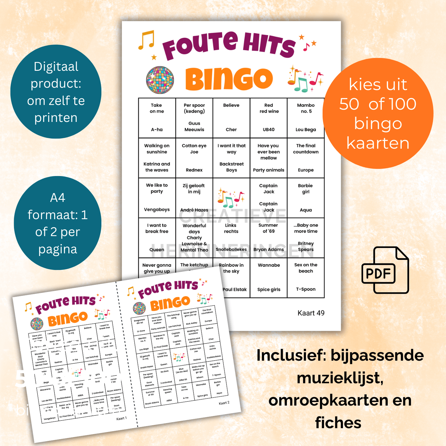 Interactief muziekspel met foute muziek bingo kaarten, fiches en muzieklijst (50 of 100 kaarten)