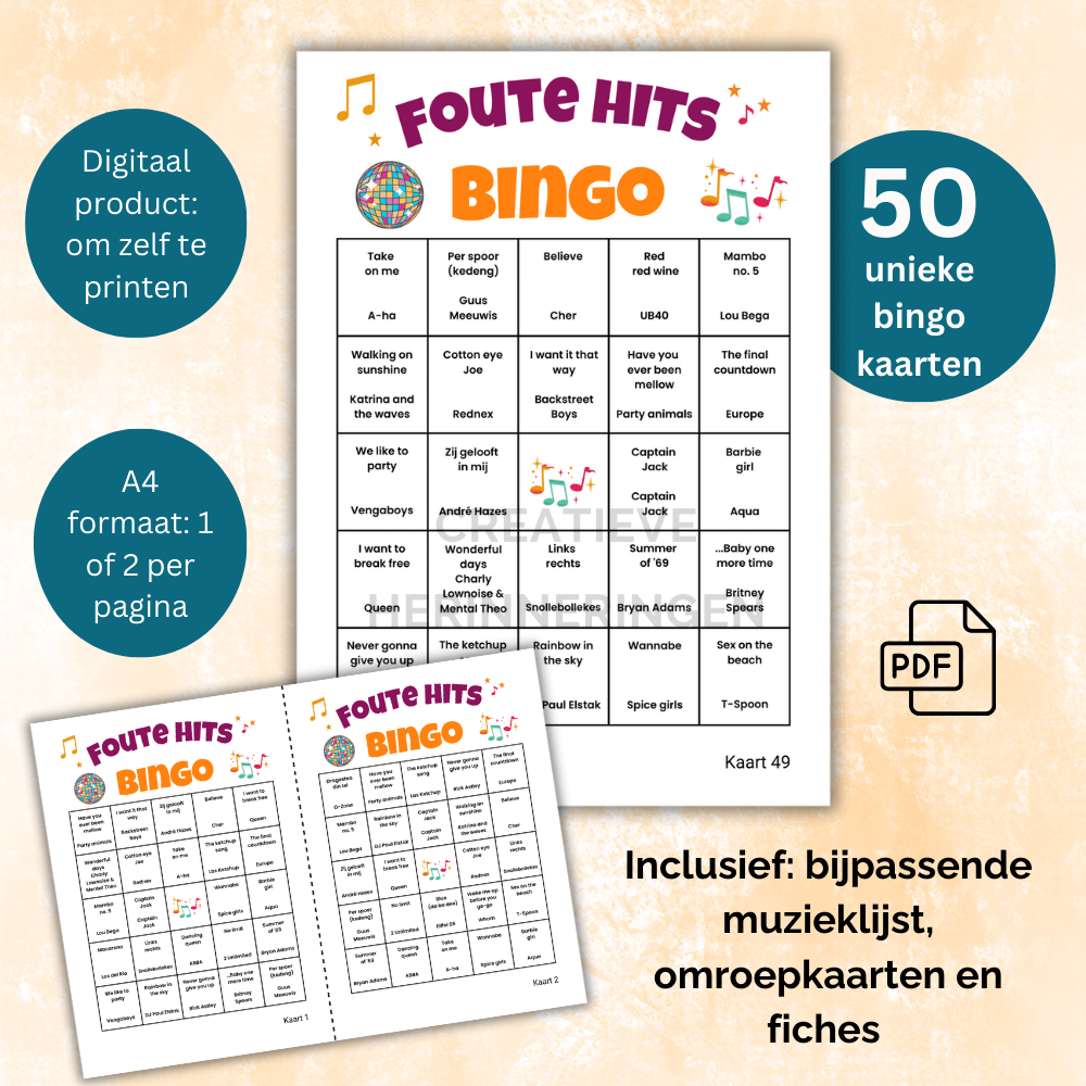 Interactief muziekspel met foute muziek bingo kaarten, fiches en muzieklijst (50 kaarten)