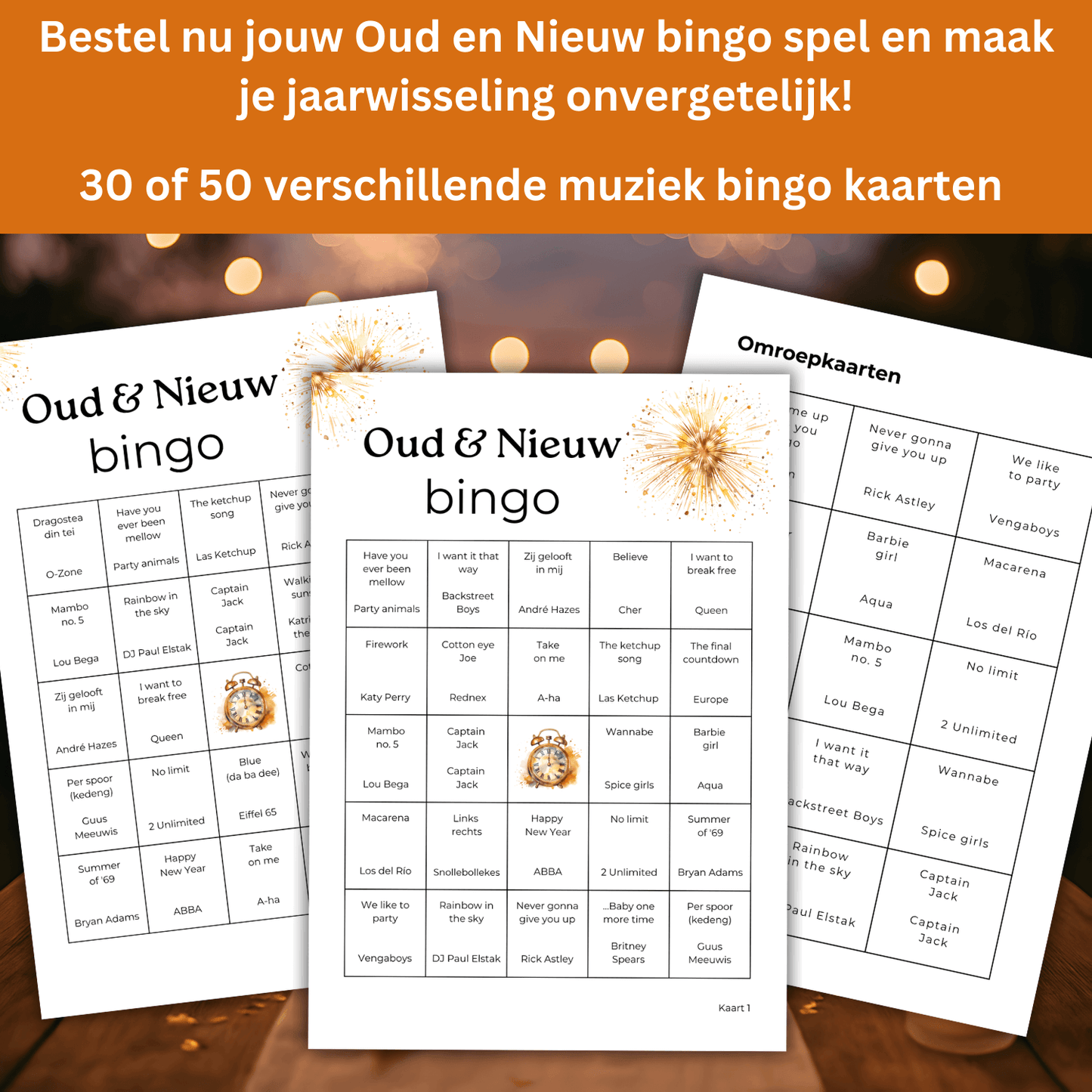 Foute muziek bingo kaarten voor oud en nieuw bingo activiteiten, direct te printen