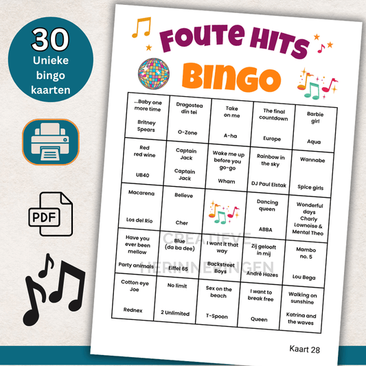 Foute muziek bingo met 30 te downloaden en printen bingo kaarten voor direct gebruik
