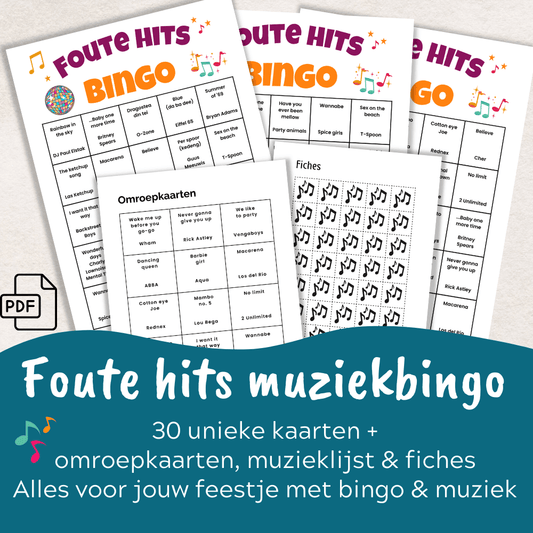 Uit te printen foute hits muziek bingo kaart voor volwassenen, leuk groepsspel