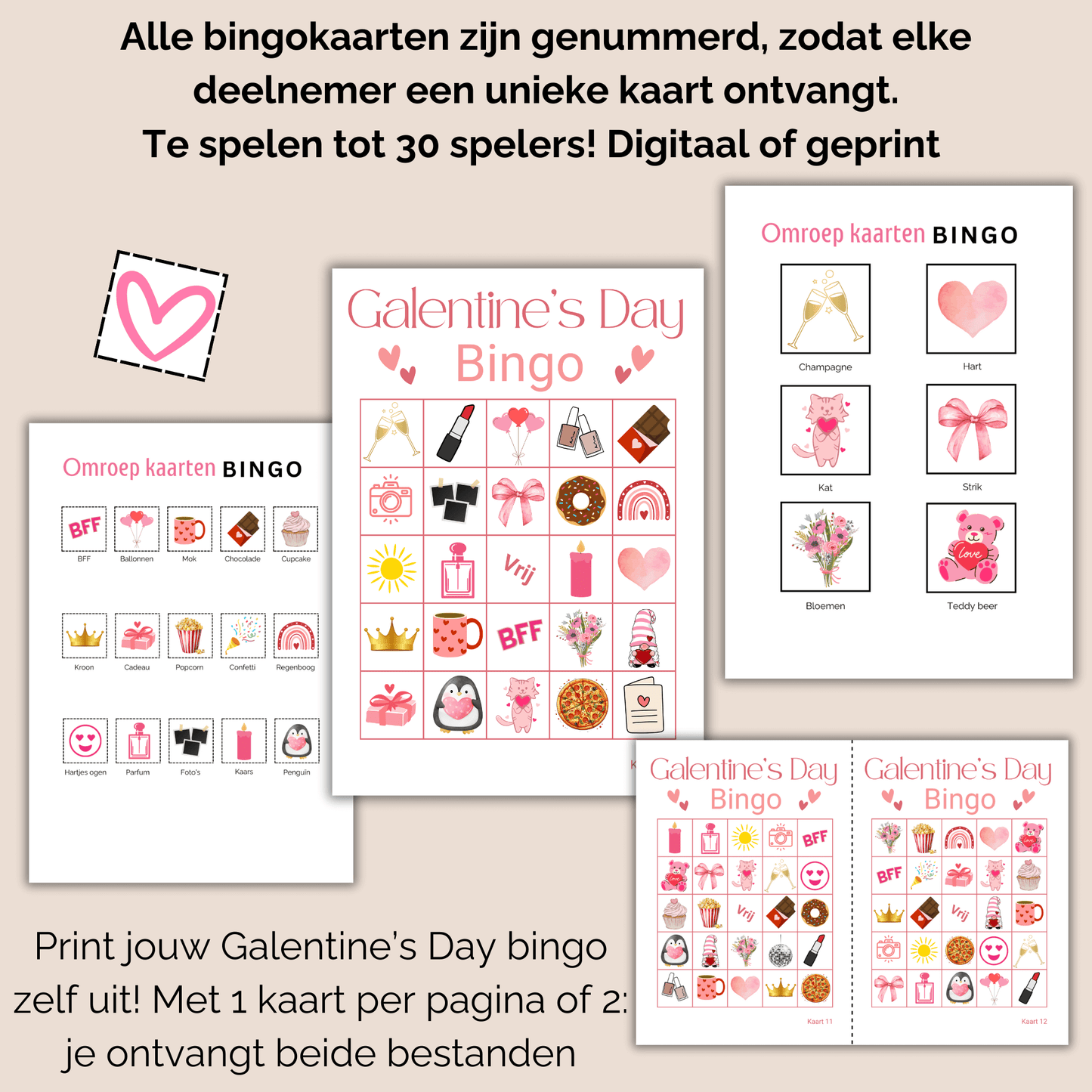 Galentine Day bingo voor vriendinnen: Printbare bingo kaarten en fiches  