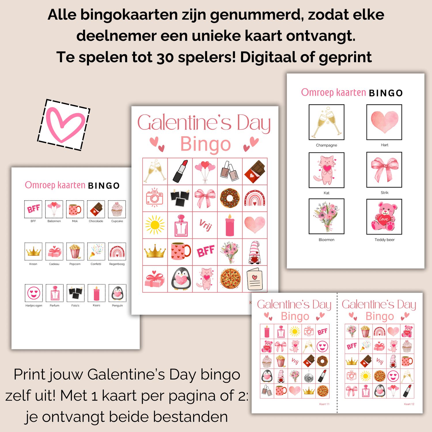 Galentine Day bingo voor vriendinnen: Printbare bingo kaarten en fiches  