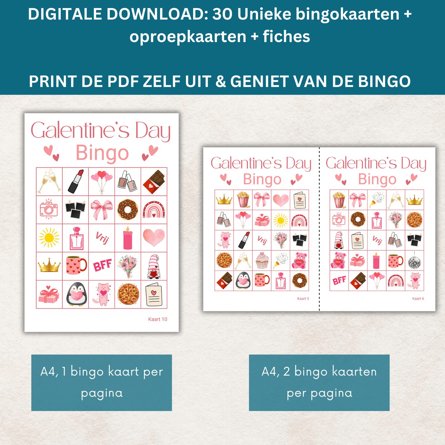 Te downloaden Galentine Day bingo als PDF voor vriendinnen – tot 30 deelnemers