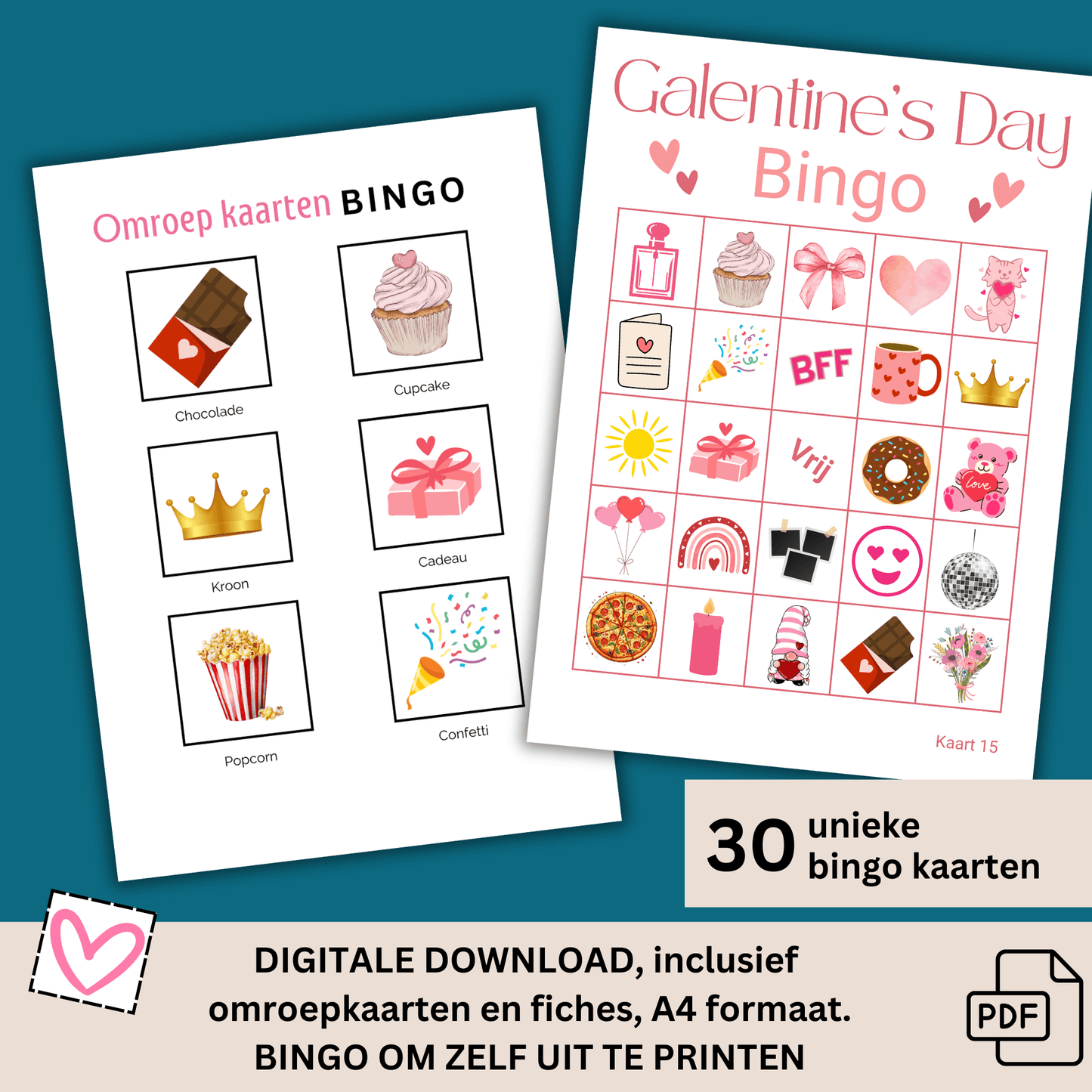 Digitale Galentine Day bingo: Ideaal voor thuis of online spelen, tot 30 spelers 