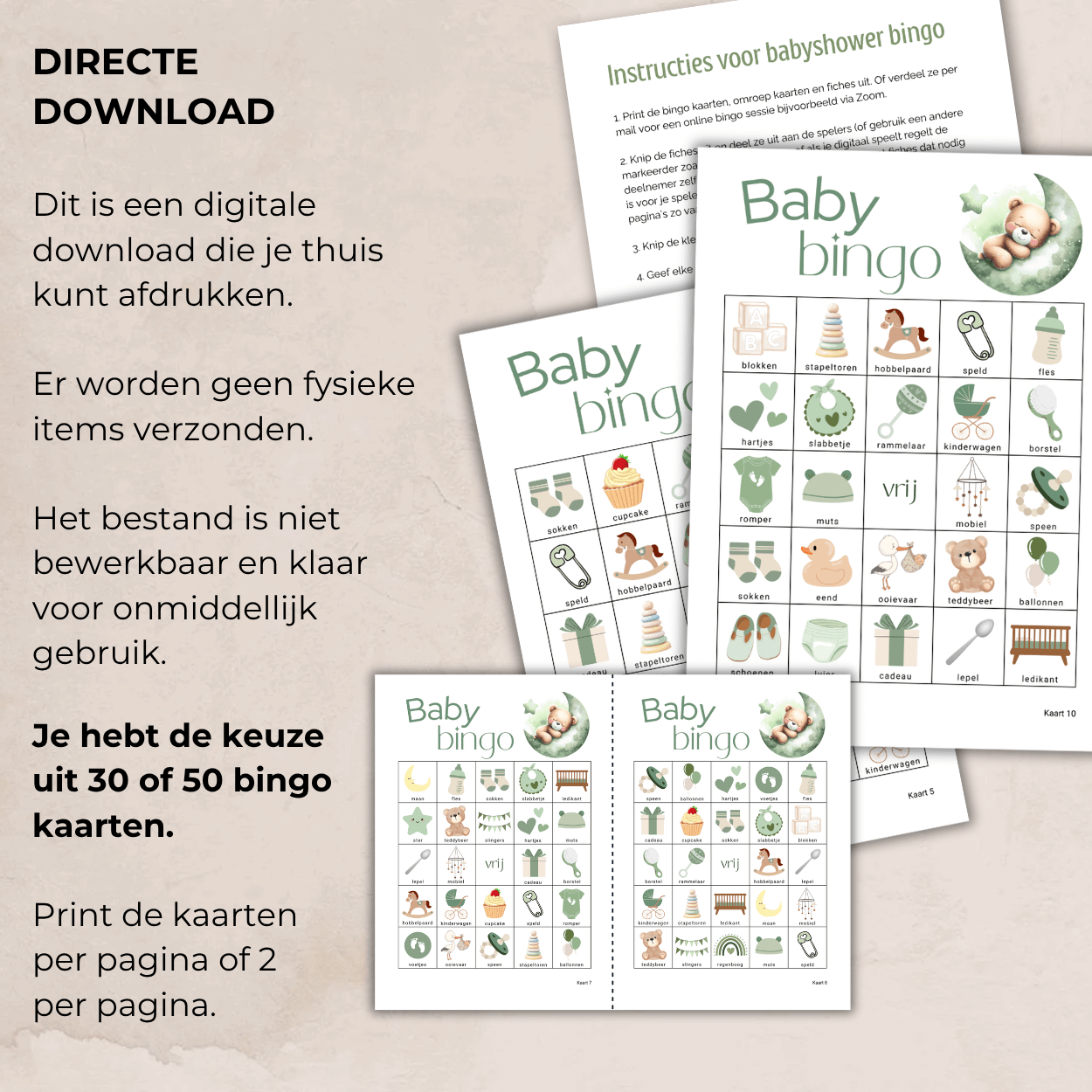 Babyshower bingo downloaden en printen in groen teddybeer thema voor collega’s