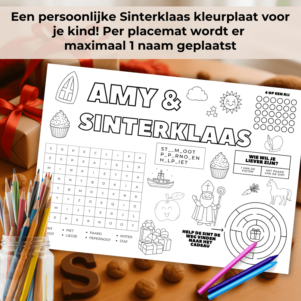 Kleurplaat Sinterklaas met naam van je kind, ideaal voor pakjesavond