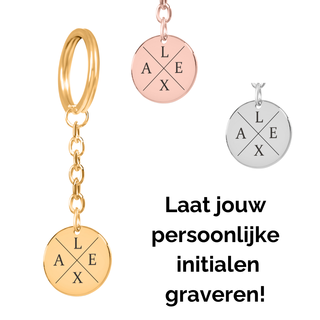 Sleutelhanger initialen 4 letters gegraveerd op hanger munt
