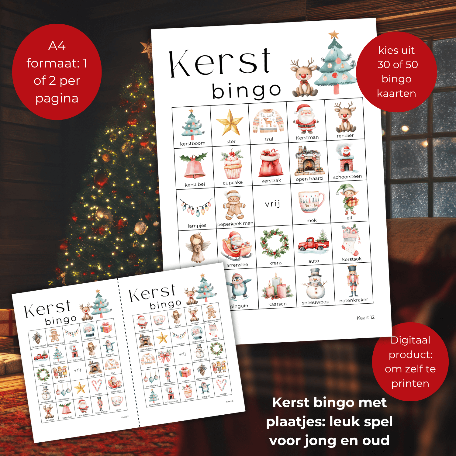 Kerst bingo voor familie en kinderen met 30 of 50 unieke kaarten