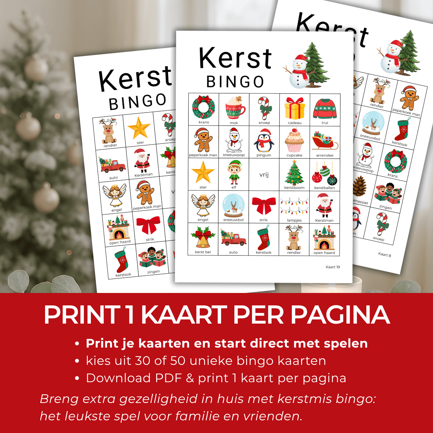 Kerstmis bingo met kleurrijke kaarten vol kerst plaatjes