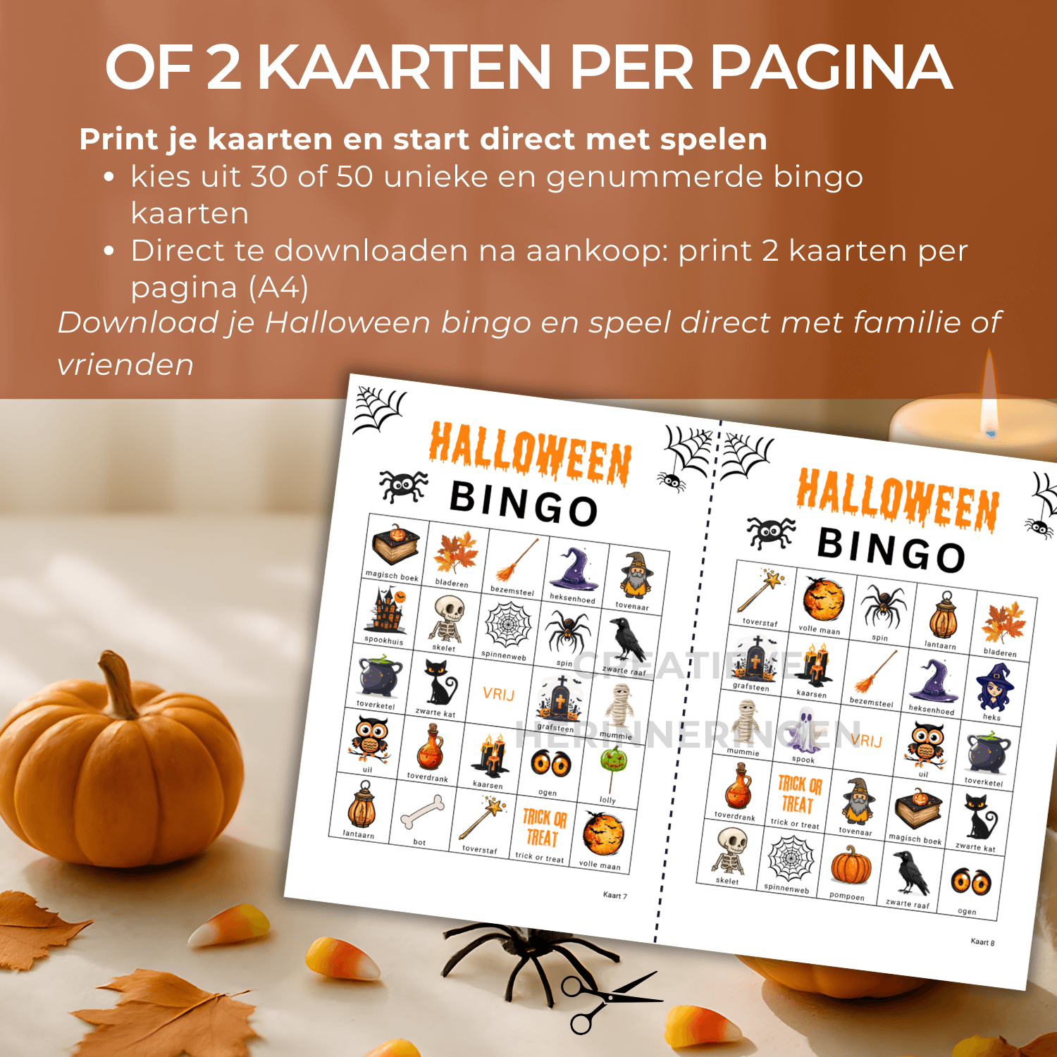 Speel Halloween bingo met 30 of 50 kaarten om te printen