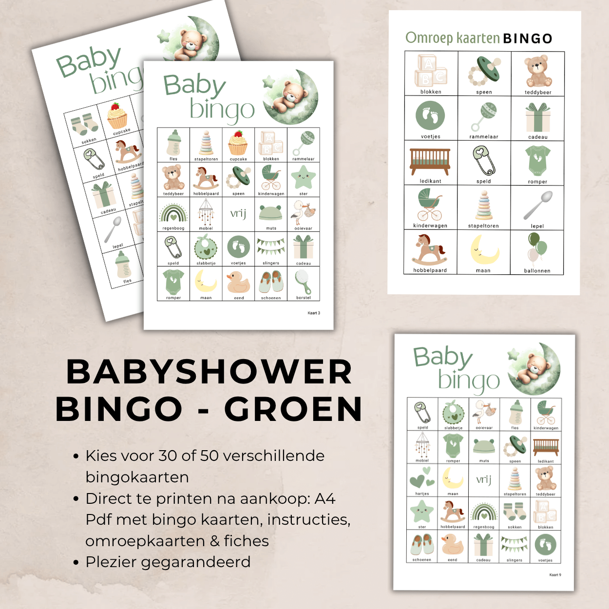 Gender neutrale babyshower bingo groen teddybeer, ideaal voor vriendinnen, familie en collega’s