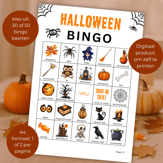 Halloween bingo spel als PDF met 50 verschillende kaarten