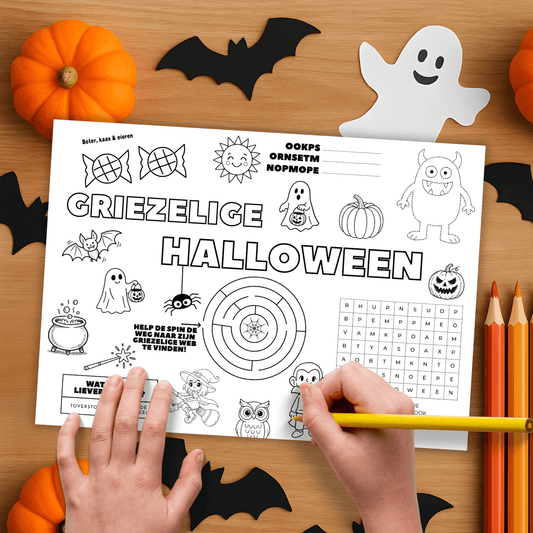 Halloween spelletjes placemat voor kinderen als PDF te downloaden en printen
