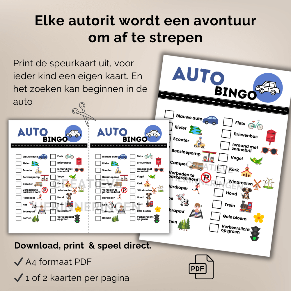 Vrolijke autobingo kaart die helpt verveling te voorkomen tijdens autoritten of dagjes uit