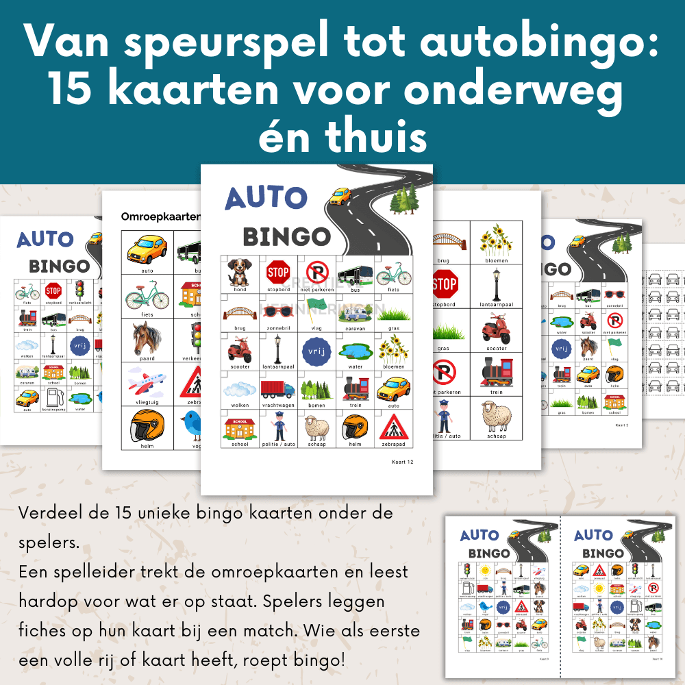Autobingo spel voor onderweg waarmee kinderen speuren en thuis digitale bingo kunnen spelen - 15 kaarten