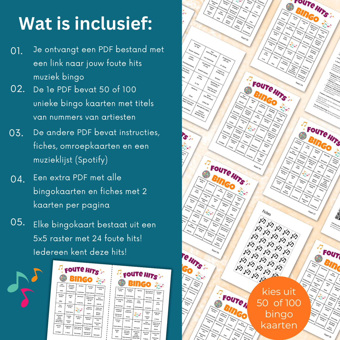 Bingo met muziek en foute hits als leuke activiteit, speel foute muziek bingo tot 50 of 100 deelnemers
