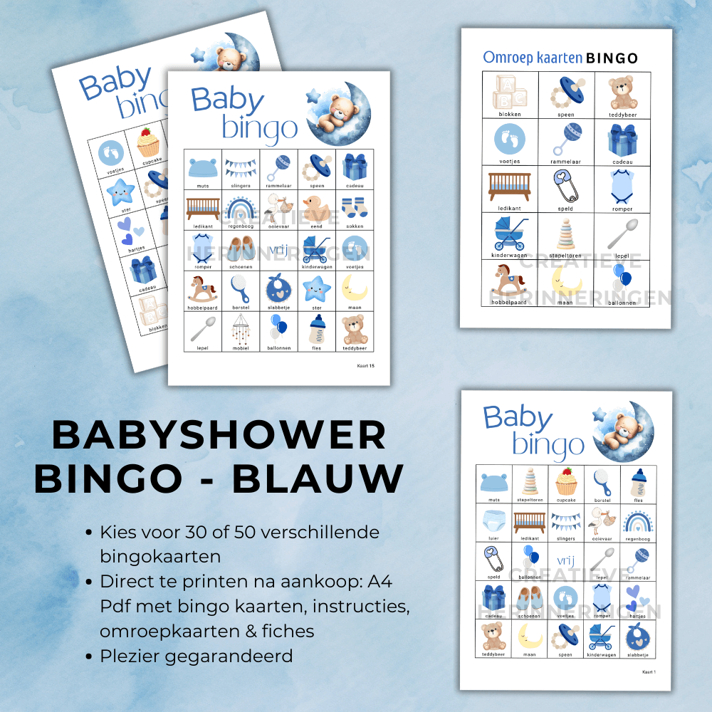 Blauwe babyshower game teddybeer op maan, gezellig babyshower bingo spel voor jongen op komst
