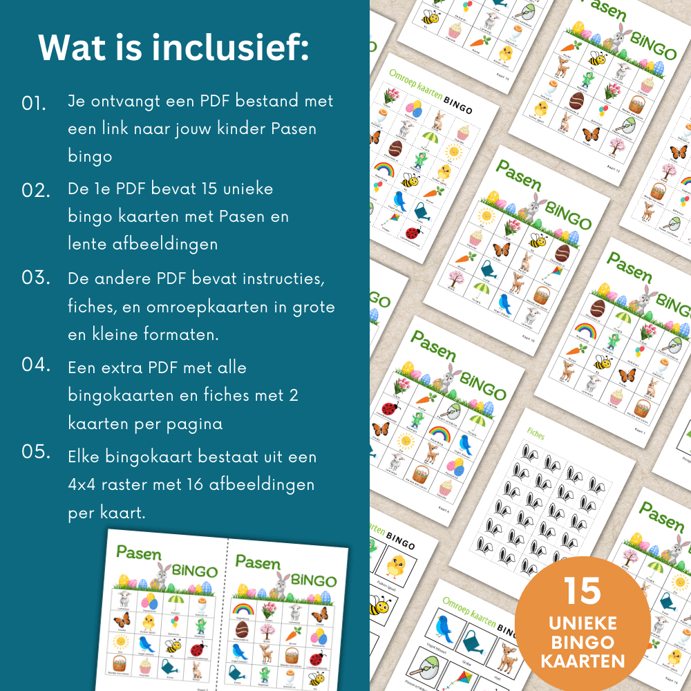 Paasbingo met 15 bingo kaarten – perfect voor activiteiten Pasen kinderen