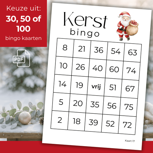 Klassieke kerstbingo met cijfers in sfeervolle kerststijl, eenvoudig zelf te printen en direct te spelen.