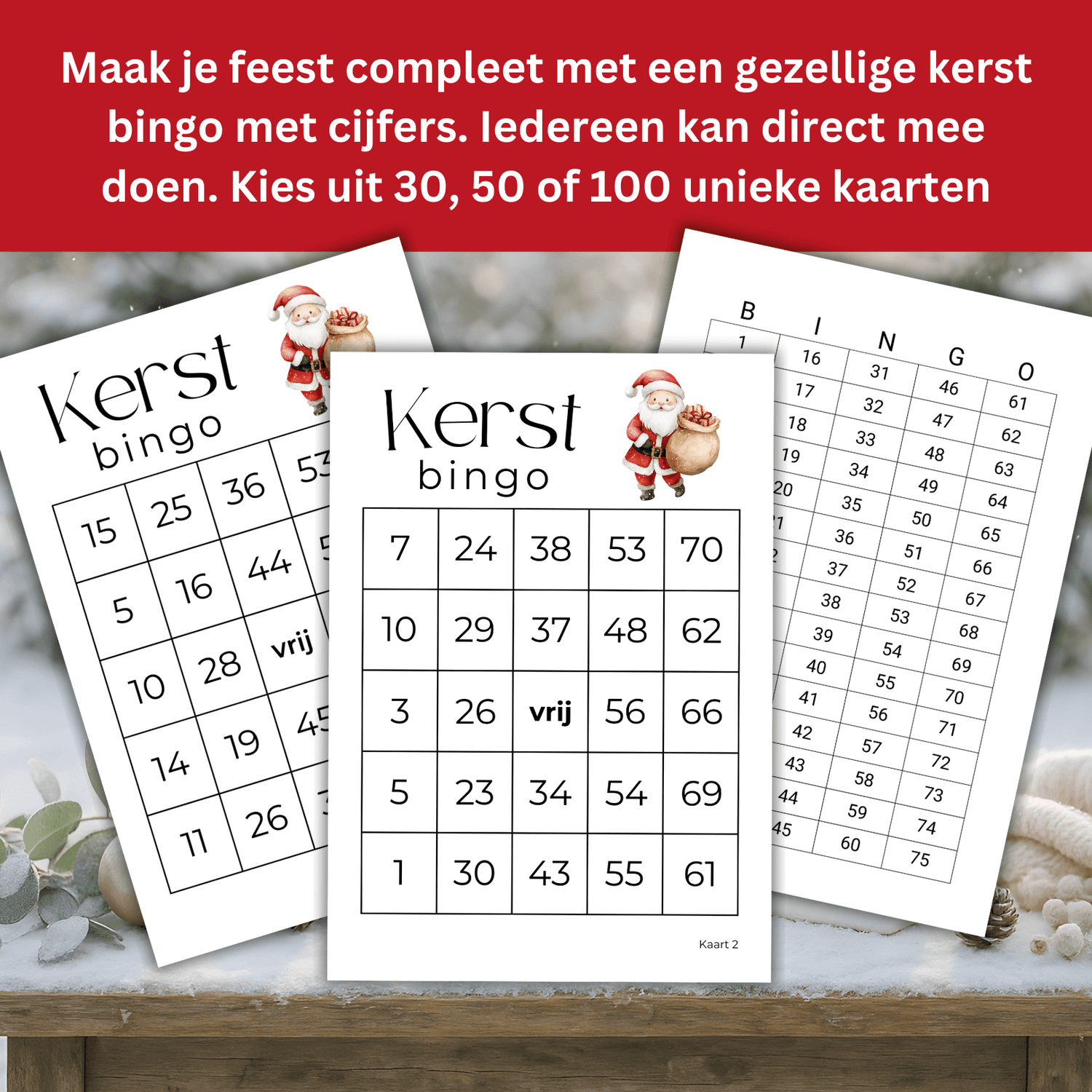 Complete set kerst bingo kaarten met cijfers, inclusief omroepkaarten en fiches om zelf te printen.