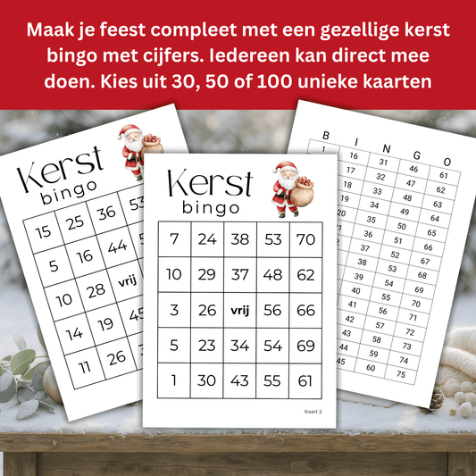 Complete set kerst bingo kaarten met cijfers, inclusief omroepkaarten en fiches om zelf te printen.