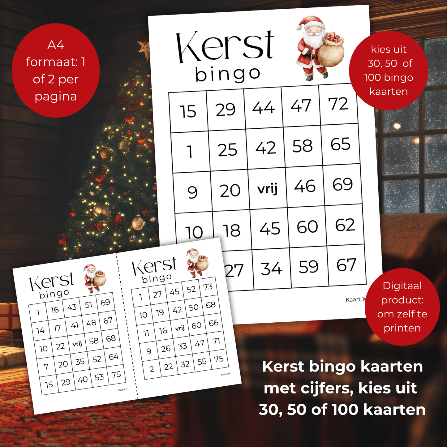 Kerst bingo kaarten met cijfers om zelf te printen, 30, 50 of 100 kaarten