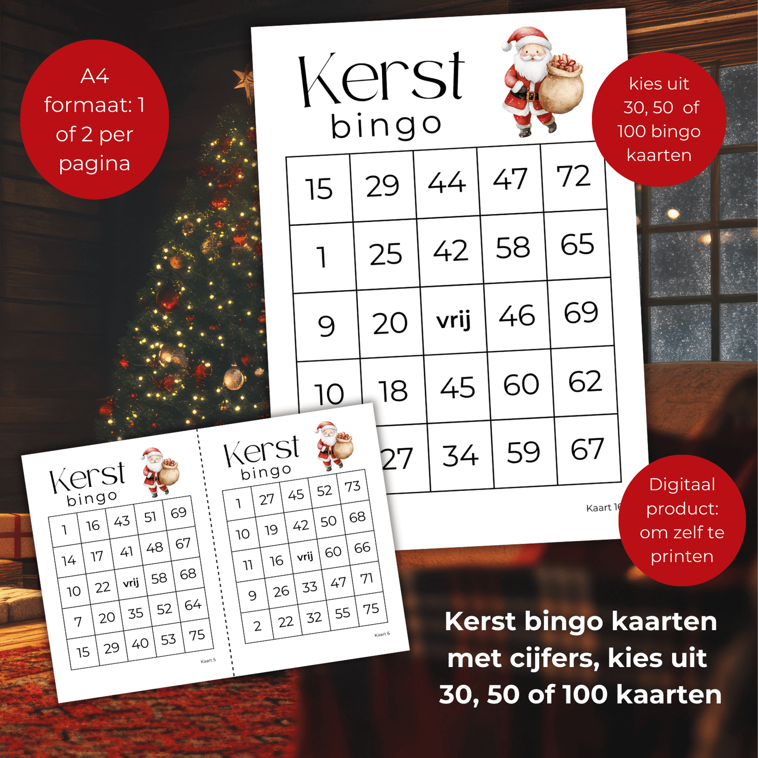 Kerst bingo kaarten met cijfers om zelf te printen, 30, 50 of 100 kaarten
