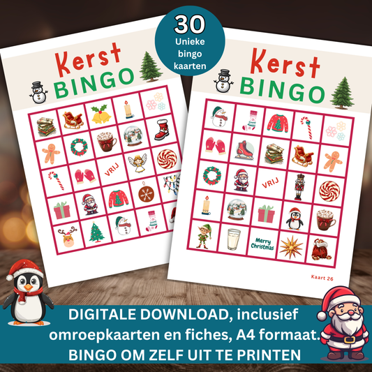 Kerst spelletjes: kerst bingo met plaatjes voor jong en oud (digitale download)