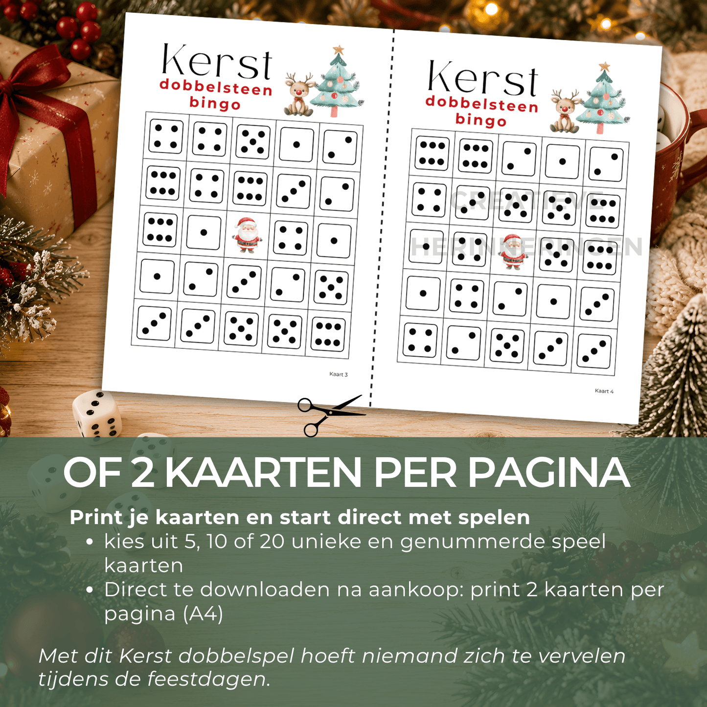 Twee speelkaarten per pagina, onderdeel van dit kerst dobbelspel.