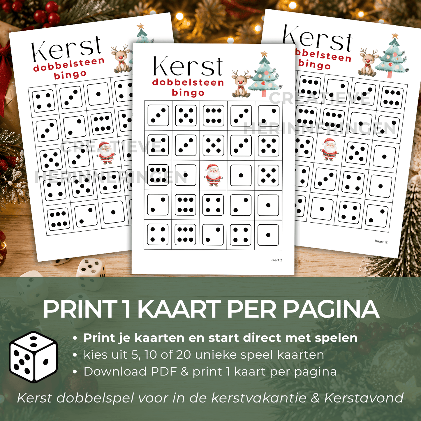 Digitale download van het kerst dobbelspel, direct te printen.