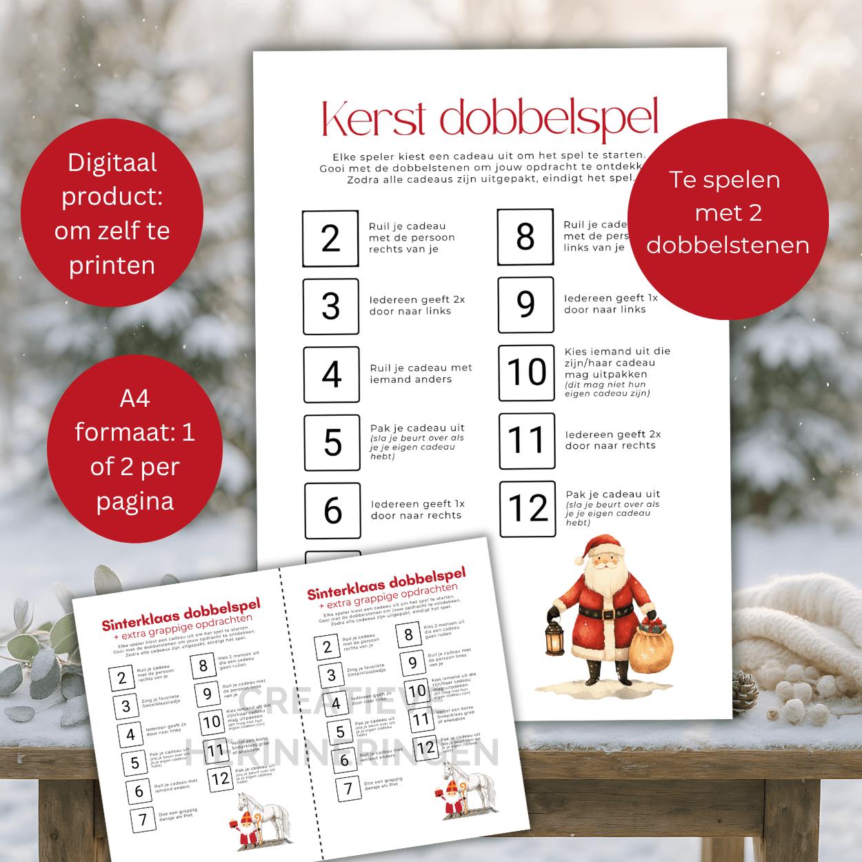 Kerst dobbelspel met overzichtelijke opdrachten op één A4