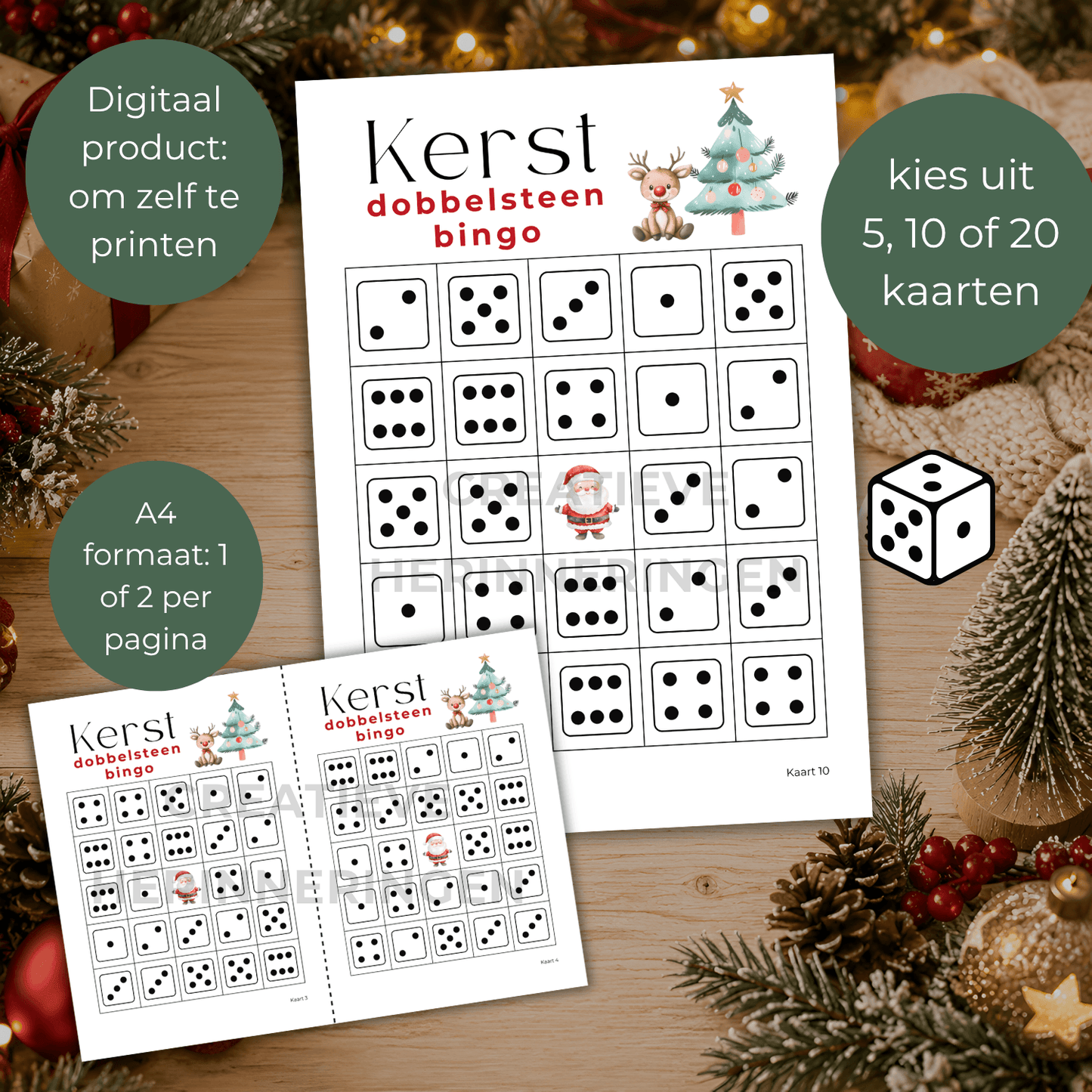 Speelkaart uit het kerst dobbelspel met cijfers en een vrij middenvak.