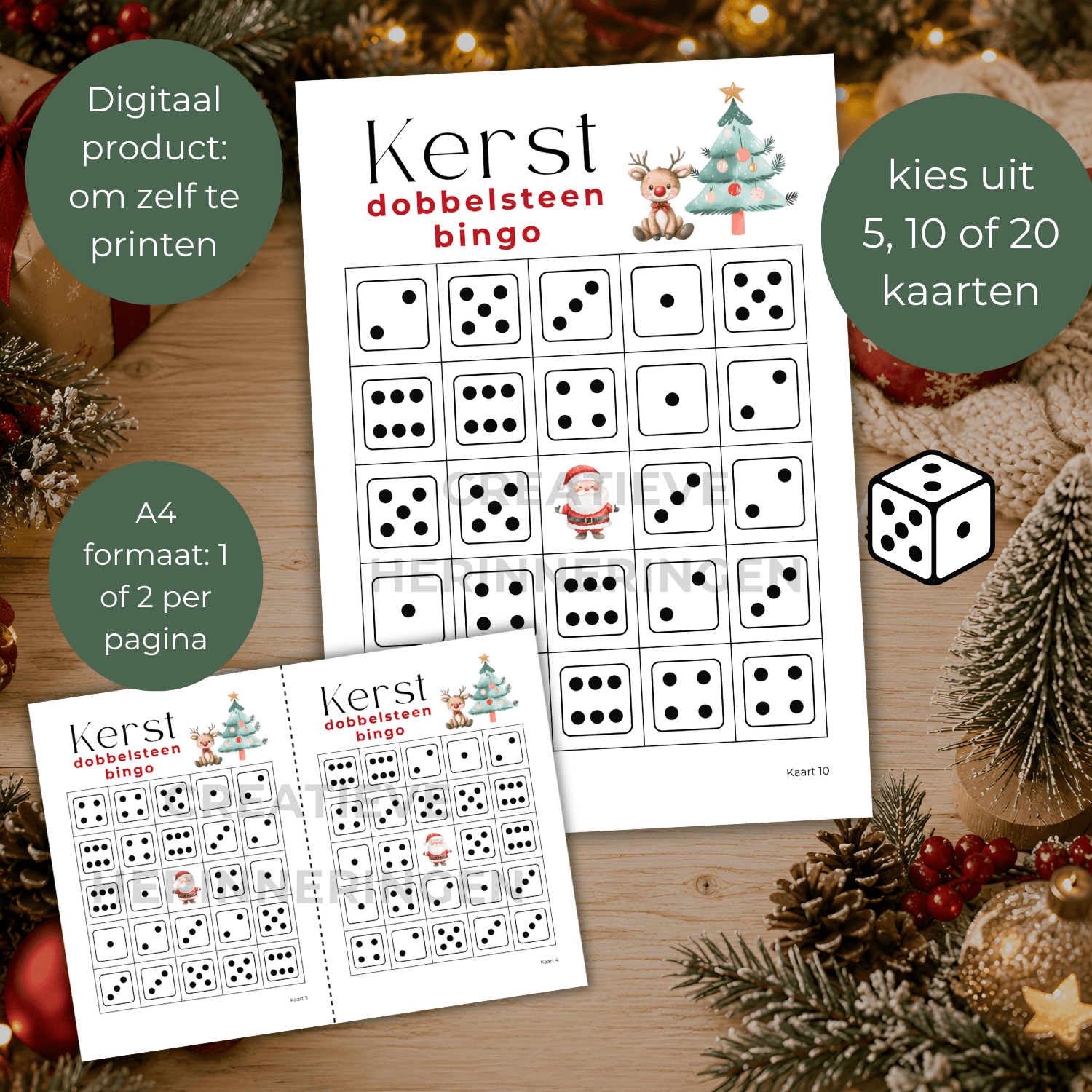 Speelkaart uit het kerst dobbelspel met cijfers en een vrij middenvak.
