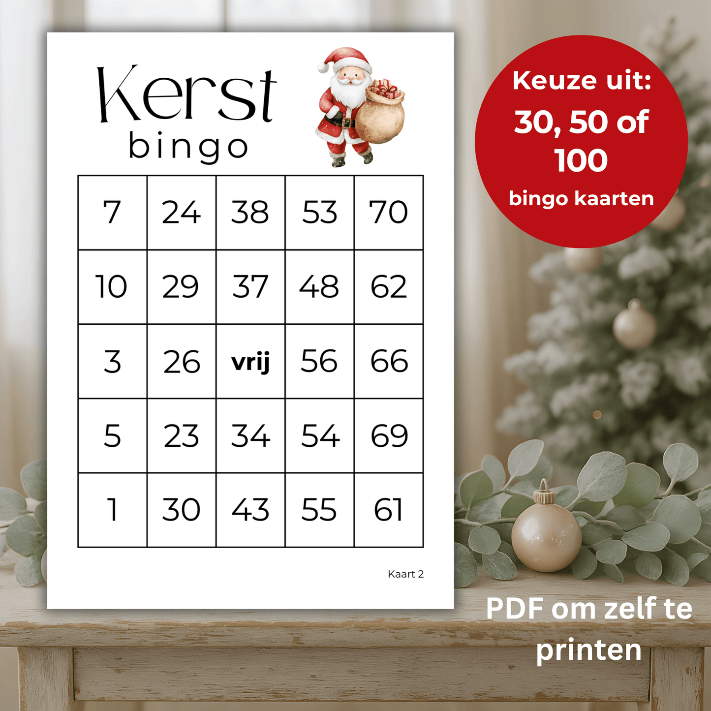 Te downloaden kerst bingo kaarten met cijfers in PDF-formaat, klaar om te printen en te gebruiken.