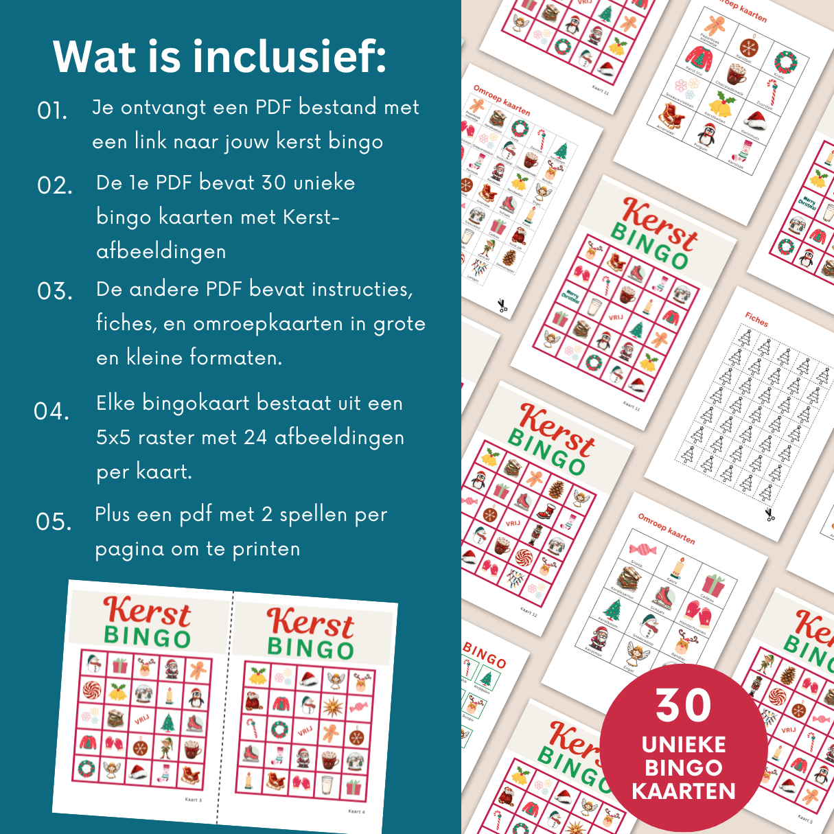 kerstbingo met 30 kaarten om thuis te printen en te spelen