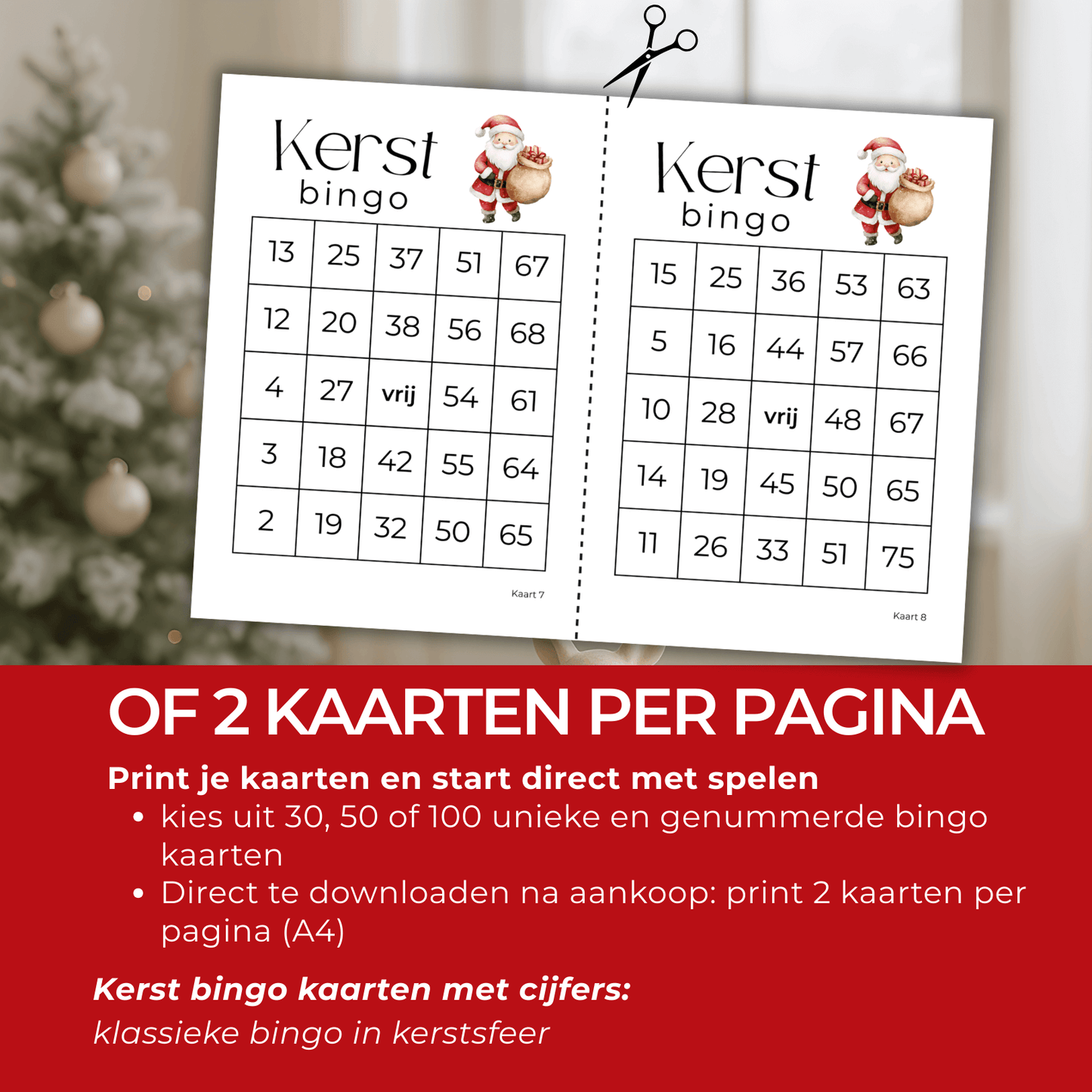Te printen kerst bingo kaarten met cijfers – direct te downloaden en te gebruiken voor een gezellige kerstactiviteit.