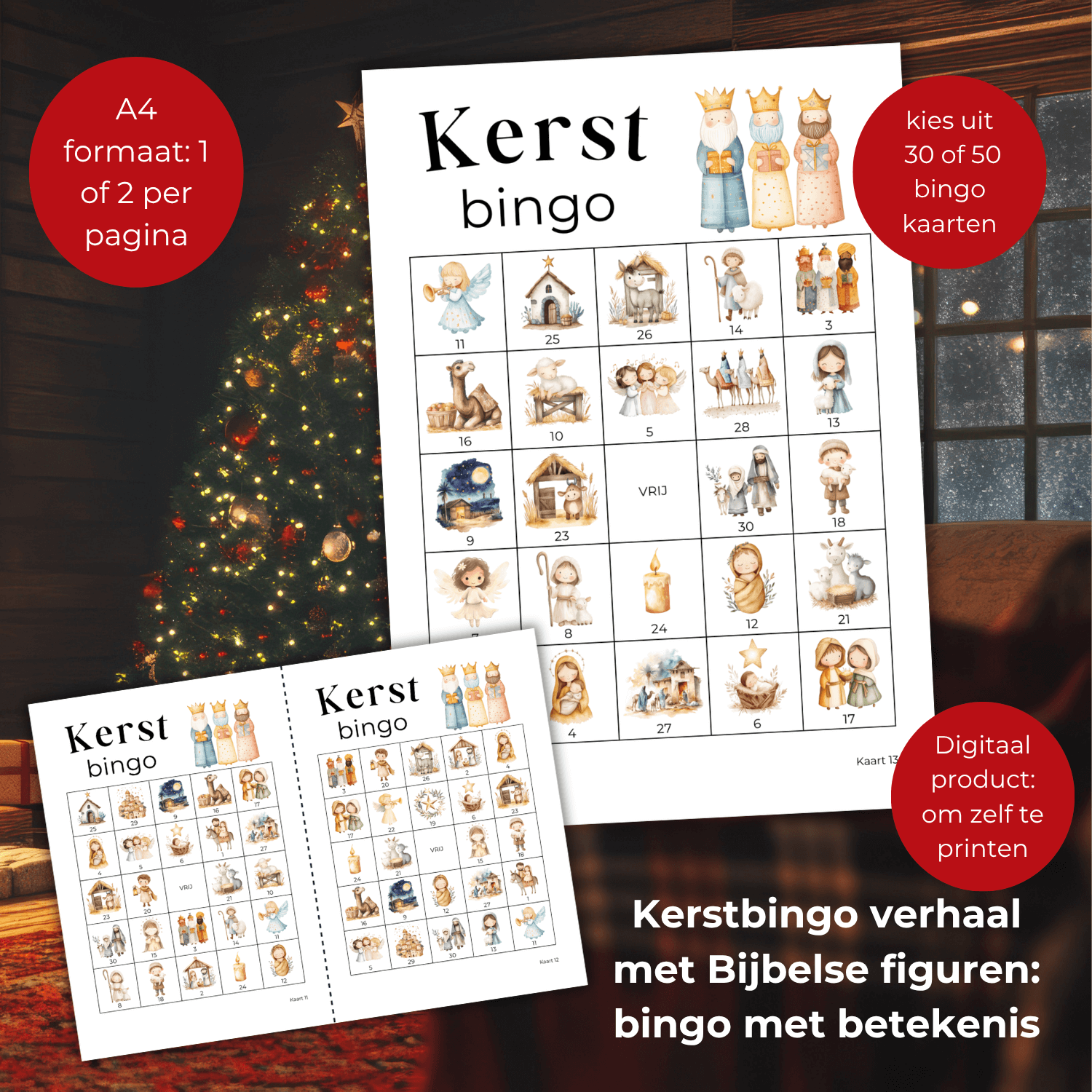 Bijbelse bingo met kerststal figuren, 30 of 50 kaarten