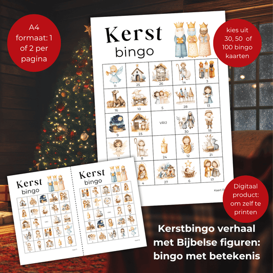 Bijbelse bingo met kerststal figuren, 30, 50 of 100 kaarten