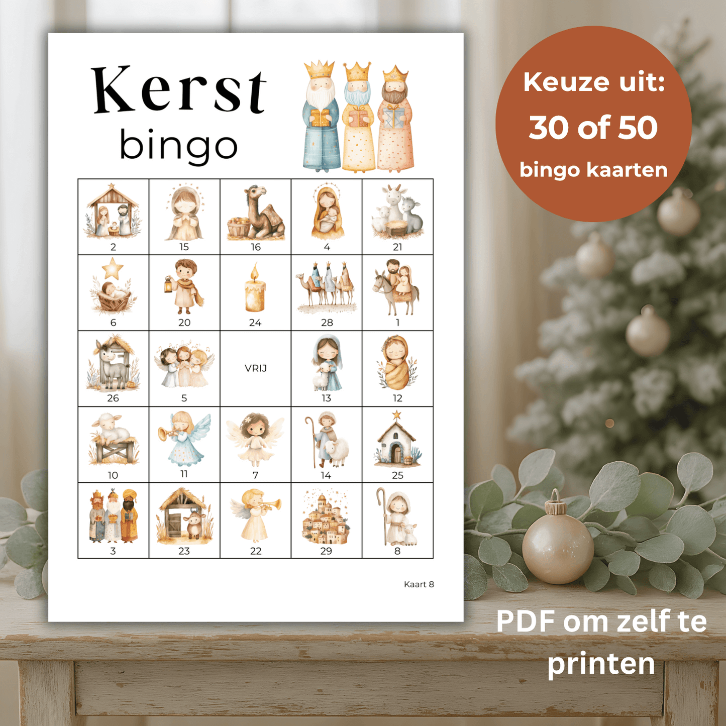 Bijbelse kerstbingo met figuren en cijfers, te downloaden PDF