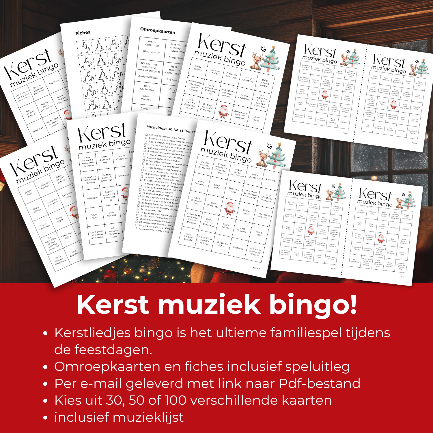 Kerstliedjes bingo met 30, 50 of 100 kaarten