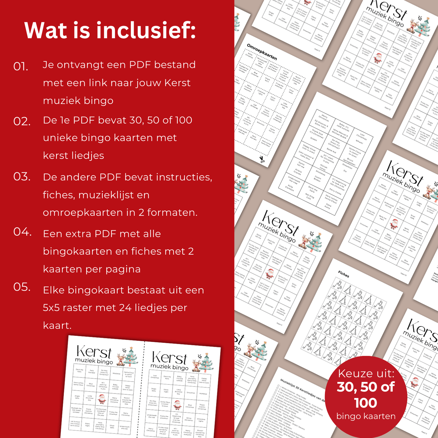 Download jouw kerstliedjes bingo direct, kies uit 30, 50 of 100 unieke kaarten
