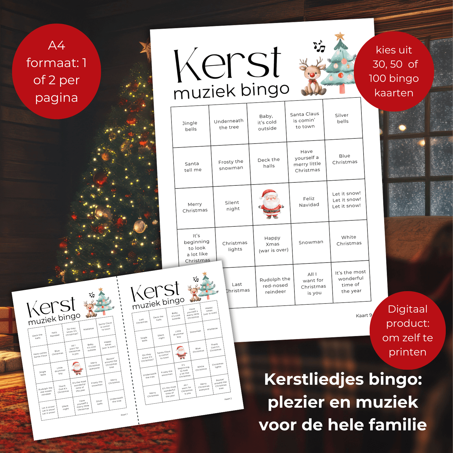 Leuk spel om samen te spelen tijdens Kerstavond speel kerstliedjes bingo