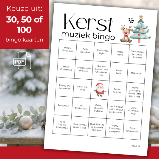 De leukste kerstliedjes bingo met 30, 50 of 100 verschillende bingo kaarten