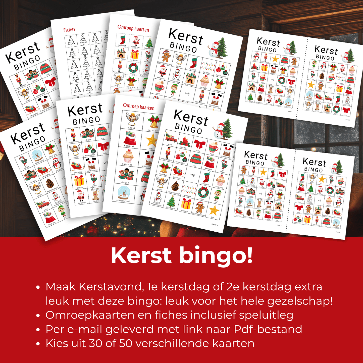 Kerstmis bingo met keuze uit 30 of 50 kaarten , leuk voor familie, vrienden en het gezin
