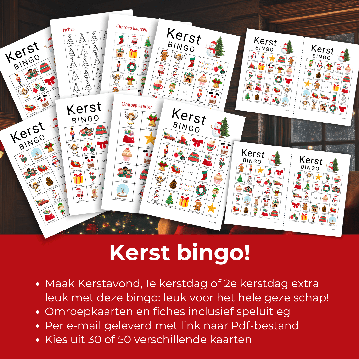 Kerstmis bingo met keuze uit 30 of 50 kaarten , leuk voor familie, vrienden en het gezin